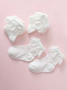 3 双女童蕾丝网眼透气荷叶边袜子适合日常穿着或派对,春夏季 - 白色 - 查看 3