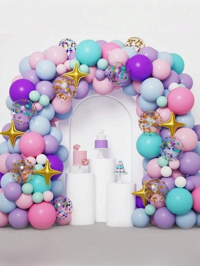 125pcs Purple Pink Unicorn Style Confetti Balloon Glue Chain & 2pcs Balloon Accessory, Unicorn Theme Birthday Holiday Event Party Room Wall Background, Decorative Balloon Arch Kit,