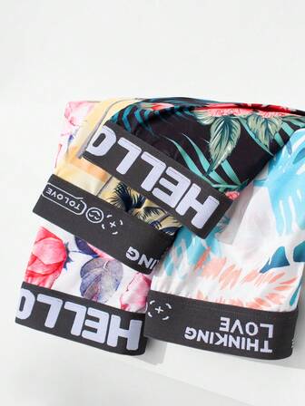 4 件装男士花卉印花三角裤，时尚腰带，薄款平角短裤