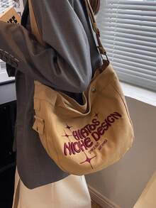 Sac fourre-tout style japonais pour étudiantes femmes en canevas, décontracté, grande capacité, sac bandoulière en canevas avec broderie unique en son genre - Kaki - Voir 2