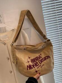 Sac fourre-tout style japonais pour étudiantes femmes en canevas, décontracté, grande capacité, sac bandoulière en canevas avec broderie unique en son genre - Kaki - Voir 3