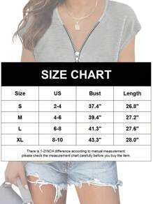 Women's Casual Zipper V Neck Short Sleeve Tunic Tops Loose Fitting Summer Dressy T Shirts Blouse Basic Tee - 灰色 - 查看 3