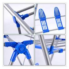 Clothes Drying Rack, 2 Tier Stainless Steel Laundry Drying Rack With Sock Clips, Foldable Standing Drying Rack Clothing With Height Adjusted , Space Saving Indoor Outdoor, Silver Blue.