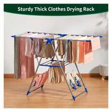 Clothes Drying Rack, 2 Tier Stainless Steel Laundry Drying Rack With Sock Clips, Foldable Standing Drying Rack Clothing With Height Adjusted , Space Saving Indoor Outdoor, Silver Blue.