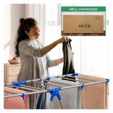 Clothes Drying Rack, 2 Tier Stainless Steel Laundry Drying Rack With Sock Clips, Foldable Standing Drying Rack Clothing With Height Adjusted , Space Saving Indoor Outdoor, Silver Blue.
