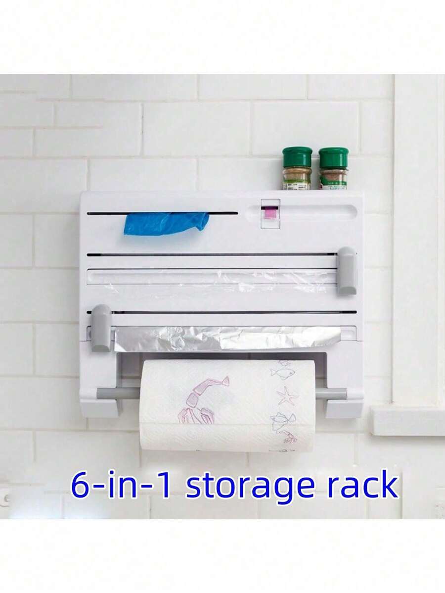 6In1 Kitchen Cling Film Storage Rack & Side Shelf For Fridge With