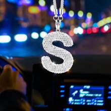 1pc Rhinestone Letter Car Rearview Mirror Pendant Crystal Car Decoration Bling Accessory Dangling Creative Shiny Charm - White - View 3