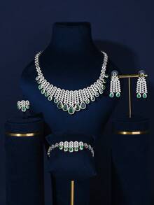 4 件套閃亮水鑽新娘首飾套裝,包括項鍊、耳環、戒指和手鍊,採用流蘇和小麥形狀設計 - 四件套 - 查看 6