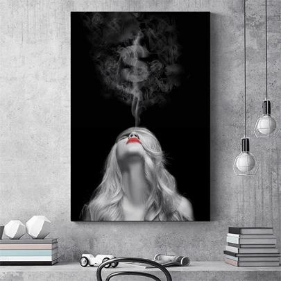 1pc, Black & White Wall Art Canvas Painting, Sexy Girl Exhales Smog Of Money Modern Poster Printing, Home Living Room Office Studio Decoration, Frameless, 15.7*23.6 Inch Gifts Birthday Graduation