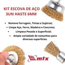 Escova de Aço Circular Kit c/ 3 Pçs Haste 6mm Escova Aco para Furadeira MTX - Dourado - Visão 2