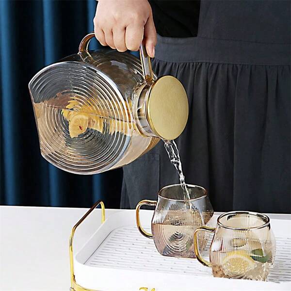 1pc Large Glass Kettle With Gold Lid (For Fridge) Heatable And Heat Resistant, Wide Handle Coffee Pot (For Parties) Kettle Lemonade Pitcher Iced Tea Kettle Juice Canister (Sun Tea Canister For Drinks)