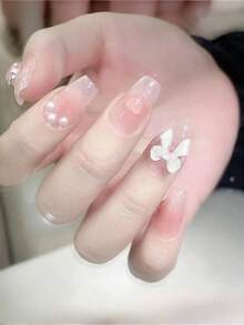 10 piezas de arte de uñas transparentes heladas y puras hechas a mano, de color rubor con diseño de lazo de cinta de corazón, suministros de uñas estilo INS - Multicolor - Ver 3