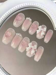 10 piezas de arte de uñas transparentes heladas y puras hechas a mano, de color rubor con diseño de lazo de cinta de corazón, suministros de uñas estilo INS - Multicolor - Ver 1