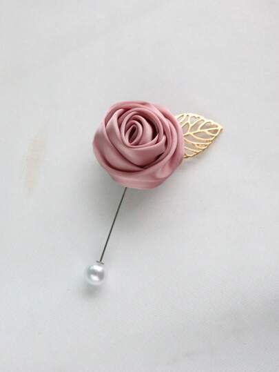 1pc Korean Style Pink Bride And Groom Wedding Boutonniere Fabric Brooch, Lapel Pin For Groomsmen Or Brothers, Suit Accessory Valentine's Day Valentines