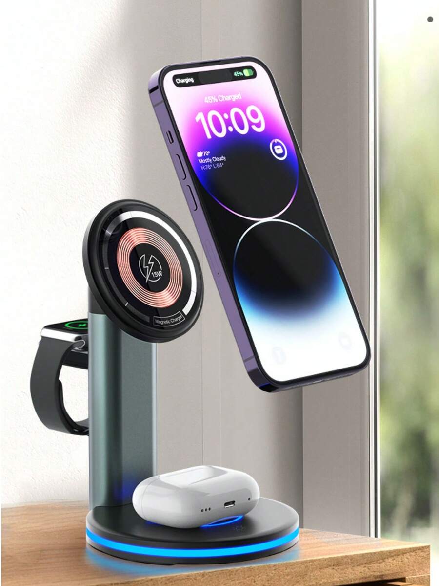 3合1磁吸式無線充電器，適用於 iPhone 12 及以上型號，與 Apple Watch 第 2 代及以上版本兼容的磁吸充電底座，以及與 Apple Airpods 第 1 代及以上版本兼容的充電底座 - 彩色 - 查看 1