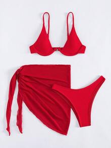 Women's Solid Color Separated Three Pieces Set, Bra & Bikini Bottom & Beach Cover-Up Skirt Summer