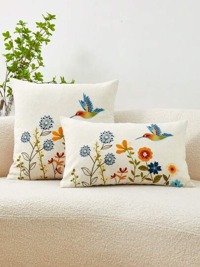 1入組多彩花朵與蜂鳥刺繡枕頭套，適用於室內裝飾，全季節通用枕套