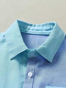 男孩彩塊拼接襯衫，單排釦設計的時尚休閒短袖襯衫，兒童開襟衫正式禮服紳士領洋裝