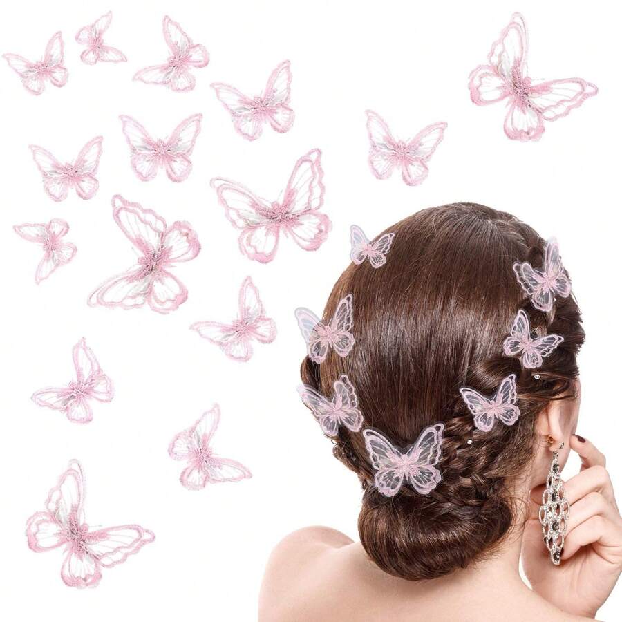 18 Pieces Butterfly Hair Clips, Lace Bows, Embroidered Hair Clips & Accessories For Music Festival Cosplay Ladies Teens, 2 Sizes (Pink) Halloween,Pink Accessories