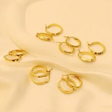 PMKMKM 6 Pairs Of Simple Stainless Steel 18K Gold Plated Round Earrings With Various Patterns - Gold - View 4