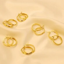 PMKMKM 6 Pairs Of Simple Stainless Steel 18K Gold Plated Round Earrings With Various Patterns - Gold - View 3