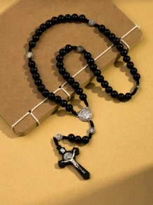 1pc Fashionable Personalized Wooden Beaded Cross Prayer Necklace For Men's Daily Wear - Black - View 2