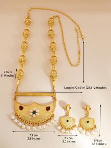 3 件套时尚金项链耳环套装人造珍珠和彩色水钻首饰套装适合女性派对、日常佩戴、约会、送礼 - 金黃色 - 查看 4
