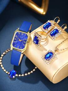 6 stks/set dameshorloge retro rechthoek pointer quartz horloge analoog PU polshorloge en sieradenset ketting armband ringen oorbellen, een cadeau voor moeder als cadeau voor studenten die terugkeren naar school