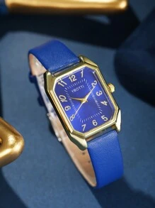 6 stks/set dameshorloge retro rechthoek pointer quartz horloge analoog PU polshorloge en sieradenset ketting armband ringen oorbellen, een cadeau voor moeder als cadeau voor studenten die terugkeren naar school