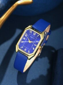 6 stks/set dameshorloge retro rechthoek pointer quartz horloge analoog PU polshorloge en sieradenset ketting armband ringen oorbellen, een cadeau voor moeder als cadeau voor studenten die terugkeren naar school