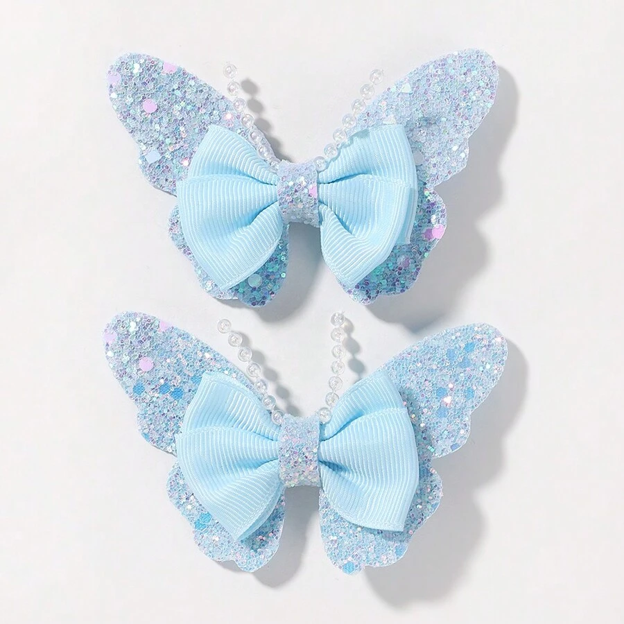 bilicaca 2pcs Sparkling Beaded Fashionable Cute Bow Hair Clips