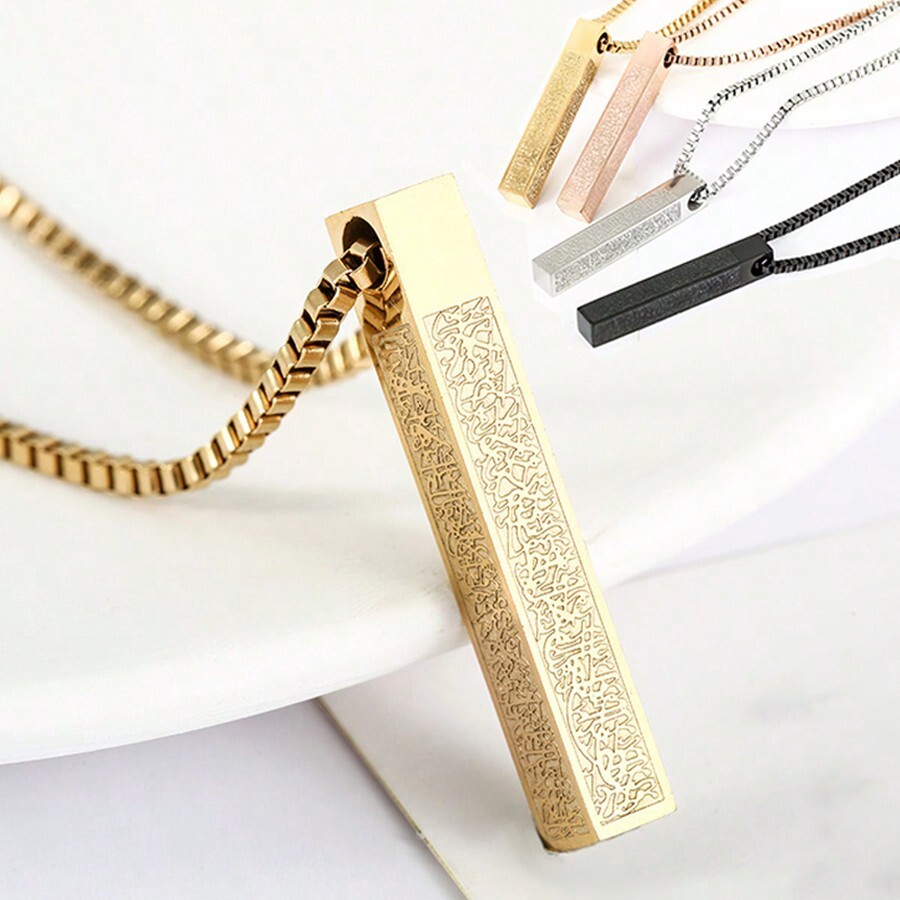 1pc Square Column Necklace With Text Engraved Pendant Men Alloy