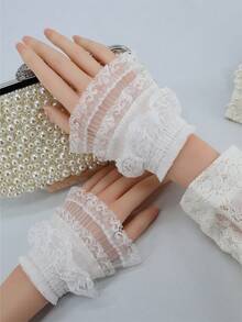 Một Đôi Còng Ren Xếp Ly Nguyên Bản, Váy Cưới Cô Dâu Trang Trí Cổ Tay Trang Sức, Ren Pháp Lãng Mạn, Tay Áo Có Thể Tháo Rời - trắng - Xem 1