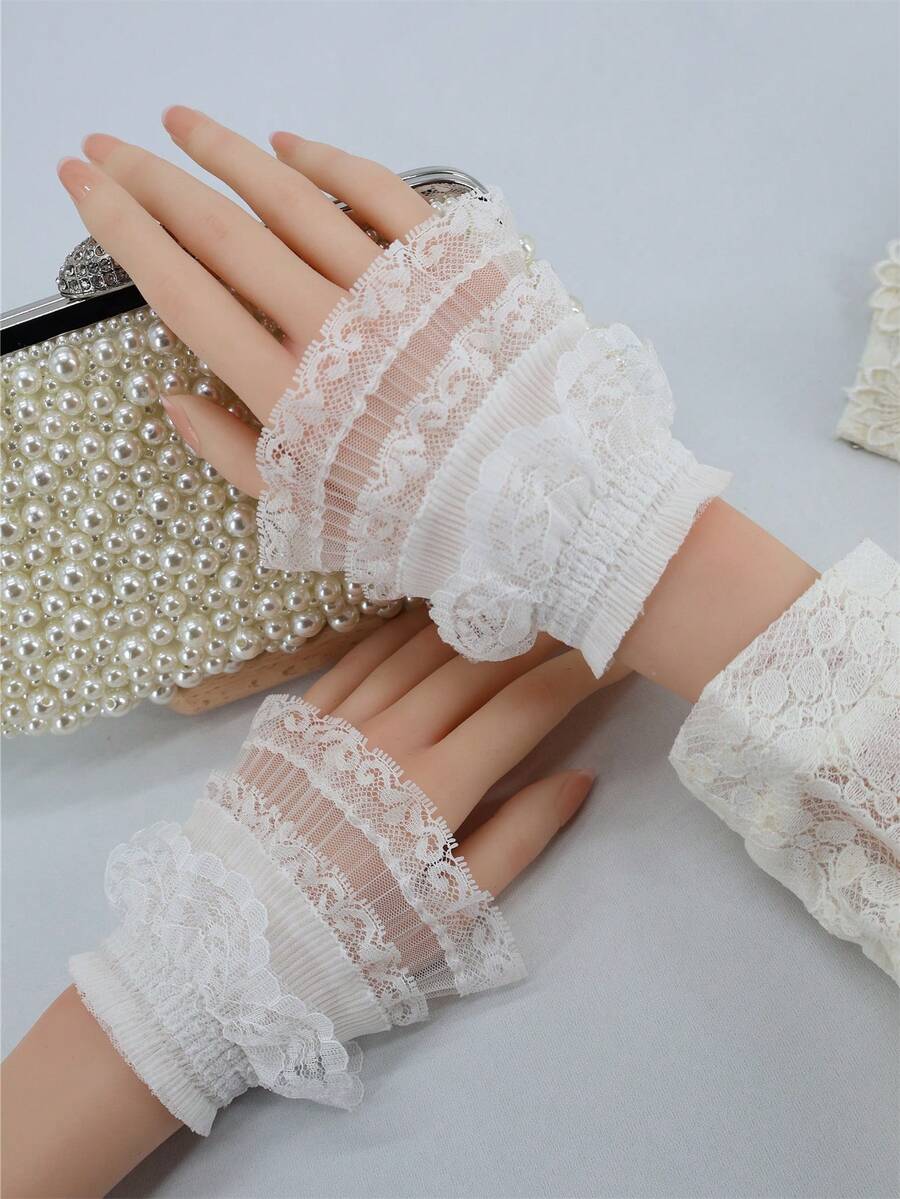 Một Đôi Còng Ren Xếp Ly Nguyên Bản, Váy Cưới Cô Dâu Trang Trí Cổ Tay Trang Sức, Ren Pháp Lãng Mạn, Tay Áo Có Thể Tháo Rời - trắng - Xem 1