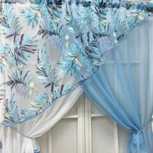 1片藍白色雙層交叉短窗簾，用於廚房裝飾田園葉子印花圖案房間小窗屏幕分區蕾絲窗簾 - 彩色 - 查看 5