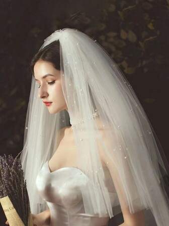 1 件多层蓬松仿珍珠梳插入面纱森系风格水钻新娘婚纱 4 层白色万圣节秋季女士服装