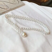 Un cinturón elástico con perlas para mujer, estilo simple con hebilla de perlas de gran tamaño, cadena para la cintura, que combina con faldas, collares y joyas delgadas para la cintura, ideal para Halloween, verano, escuela, otoño - Blanco - Ver 9