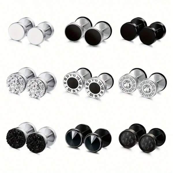 SENLANSP 9 Pairs Of Hip Hop Punk Stainless Steel Men's Earrings