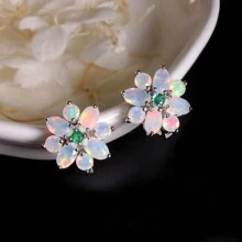 One Pair Of Flower Design Opal Clasp Earrings 925 Sterling Silver Natural Gemstones Fine Jewelry For Women Valentines