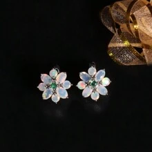 One Pair Of Flower Design Opal Clasp Earrings 925 Sterling Silver Natural Gemstones Fine Jewelry For Women Valentines