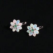 One Pair Of Flower Design Opal Clasp Earrings 925 Sterling Silver Natural Gemstones Fine Jewelry For Women Valentines