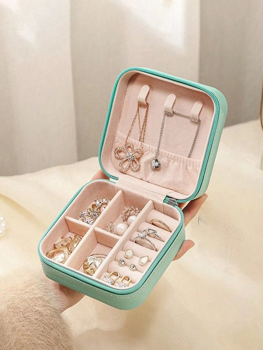 Portable Mini Jewelry Organizer Box, Leather Jewelry Storage Case For Earrings, Necklaces, Rings, Jewelry Display Back To School - Green - View 1