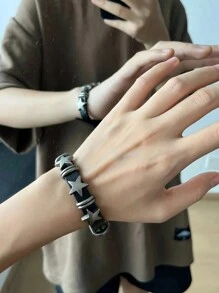 1pc Punk PU Leather Star Pattern Adjustable Rivet Subculture Black Bracelet For Men And Women Couple - Black - View 5