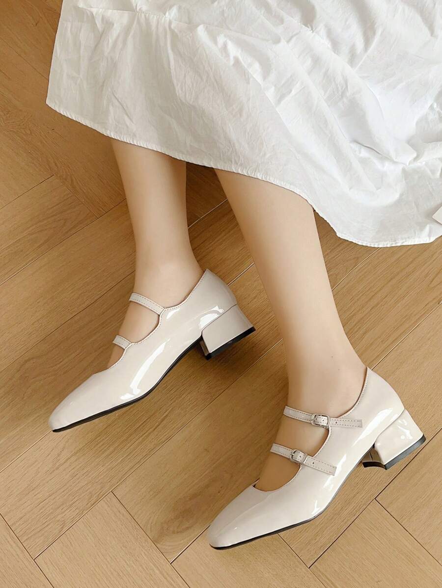 New Arrivals 2024 Women Middle Heels Chunky Heel Round Toe Mary Jane Shoes In Glossy Beige - Beige - View 1