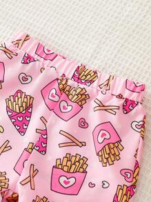Baby Girl Toddling Summer Outfit, Cute Pink French Fry Print Shirt And Shorts