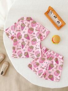 Baby Girl Toddling Summer Outfit, Cute Pink French Fry Print Shirt And Shorts