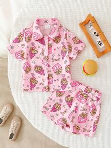 Baby Girl Toddling Summer Outfit, Cute Pink French Fry Print Shirt And Shorts