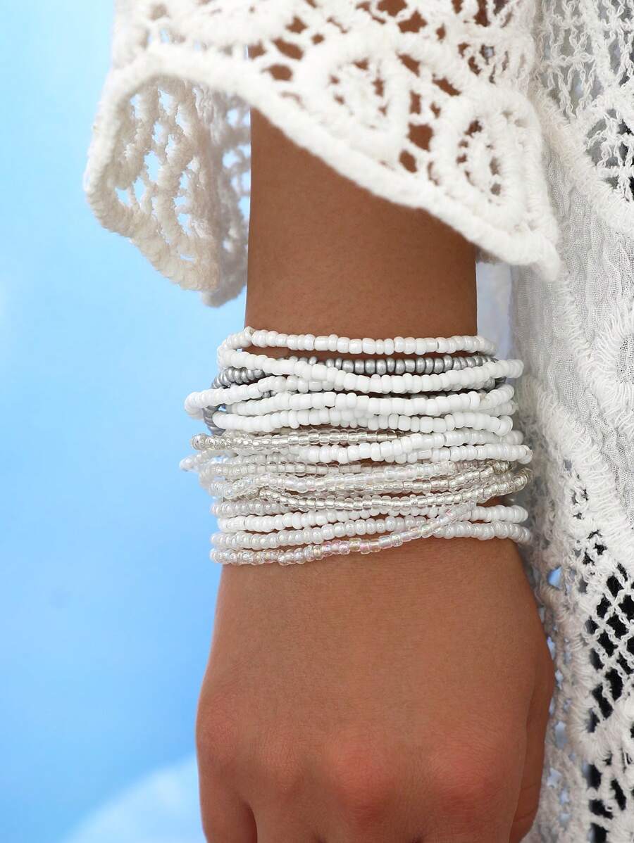 Conjunto de 20 pulseiras bege com contas em várias cores (devido ao lote, alguns produtos tingidos podem ter ligeiras variações de cor) - Multicolorido - Visão 1