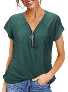 Women's Casual Zipper V Neck Short Sleeve Tunic Tops Loose Fitting Summer Dressy T Shirts Blouse Basic Tee - 綠色 - 查看 1