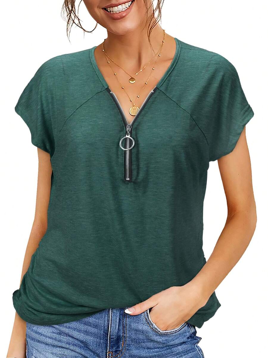 Women's Casual Zipper V Neck Short Sleeve Tunic Tops Loose Fitting Summer Dressy T Shirts Blouse Basic Tee - 綠色 - 查看 1
